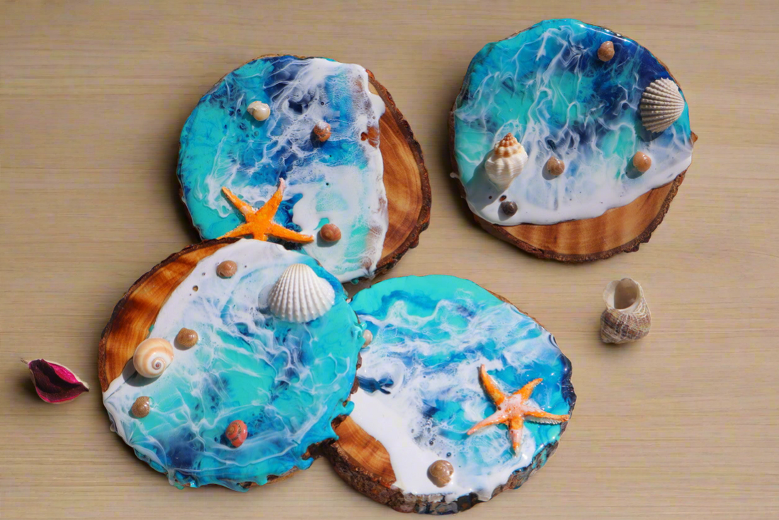 Set of 4 Handmade Coasters with Sea Shells and Star Fish