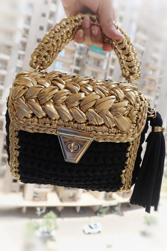 Luxurious Black and Gold Handcrafted Crochet Bag