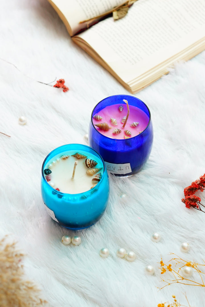 Twin Candle Set | Glass Jars with Sea Shell Decor