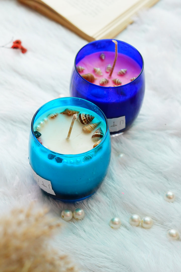 Twin Candle Set | Glass Jars with Sea Shell Decor