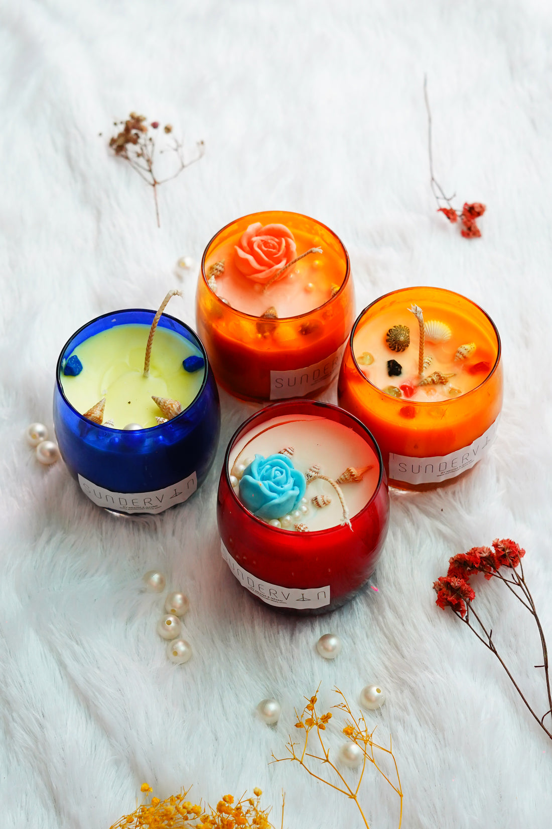 Set of 4 Glass Candles | Flowers & Sea Shells