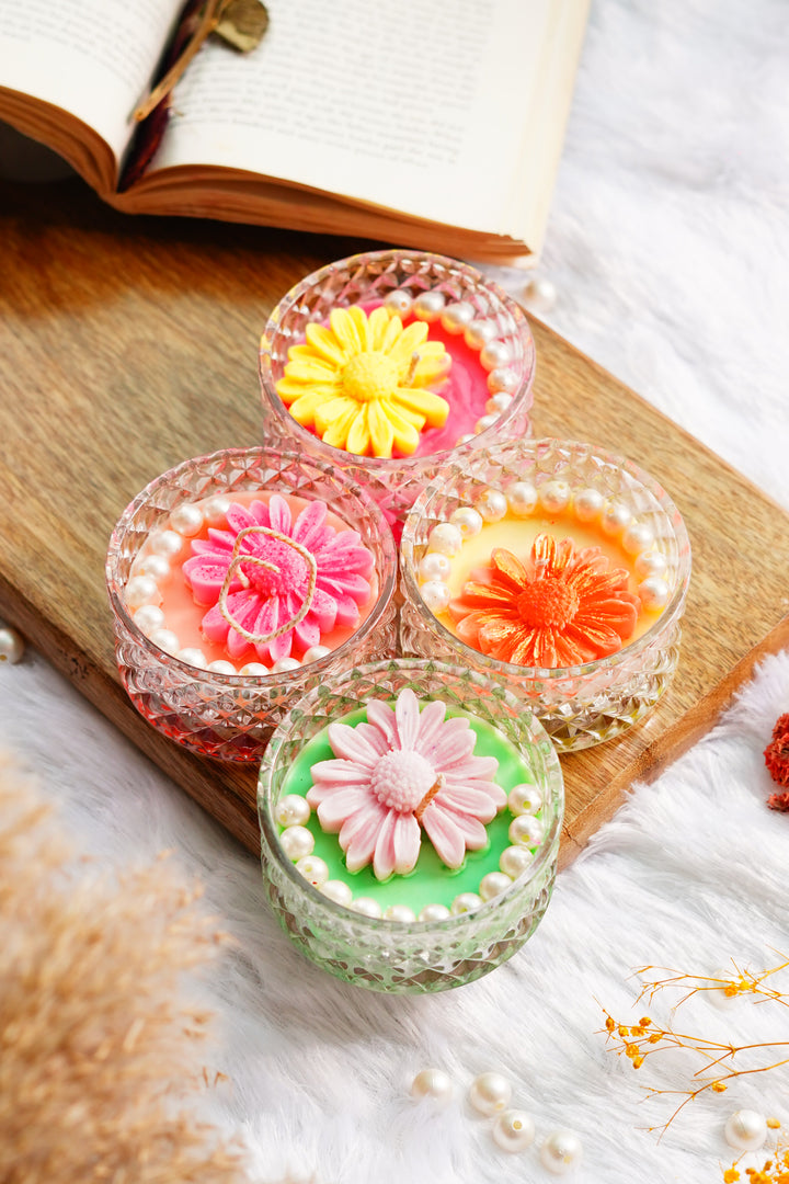 Set of 4 Floral Candles | Transparent Glass Crockery with lid