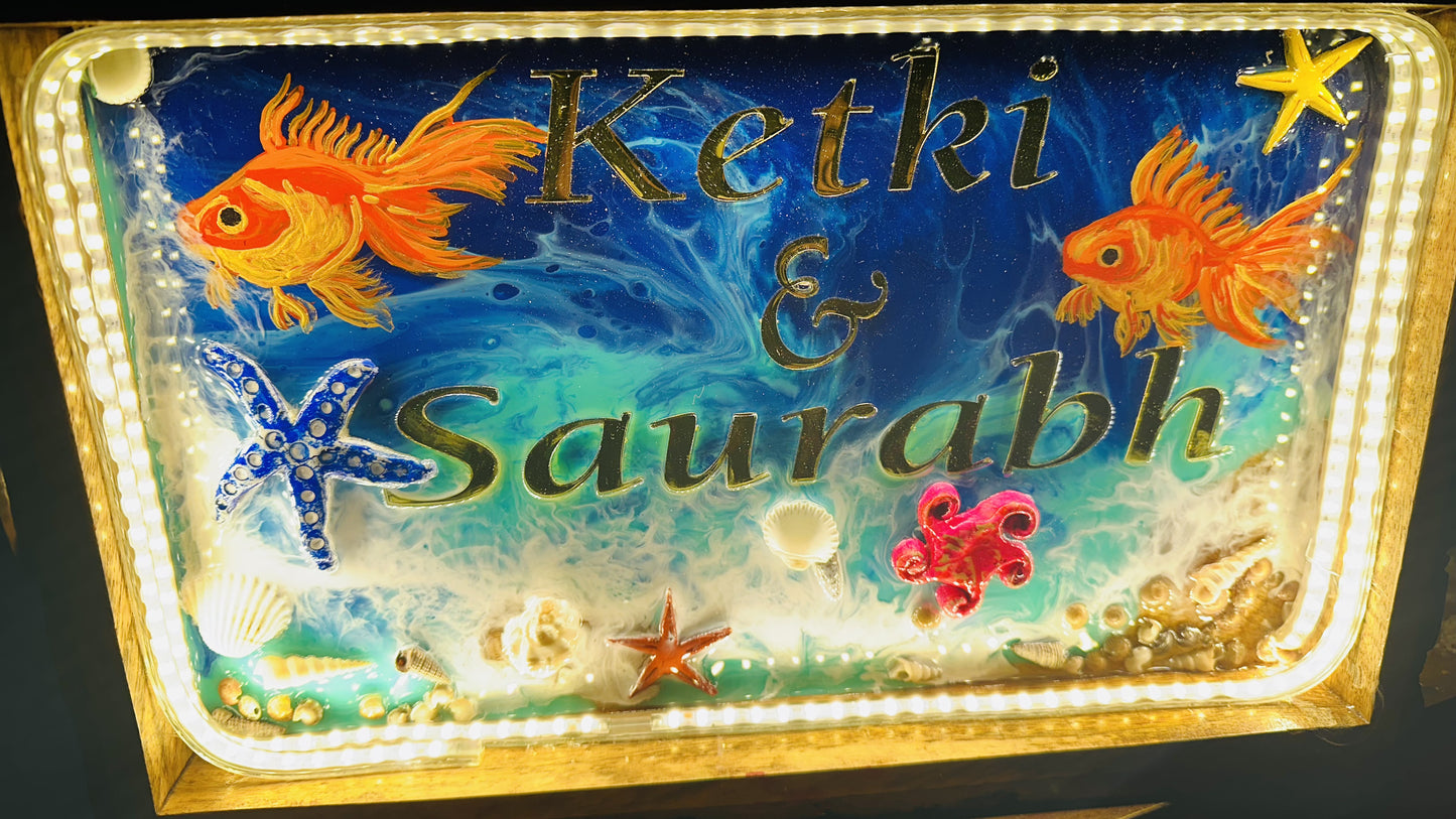 Golden Fish Themed Name Plate  Plate on Wooden Tray