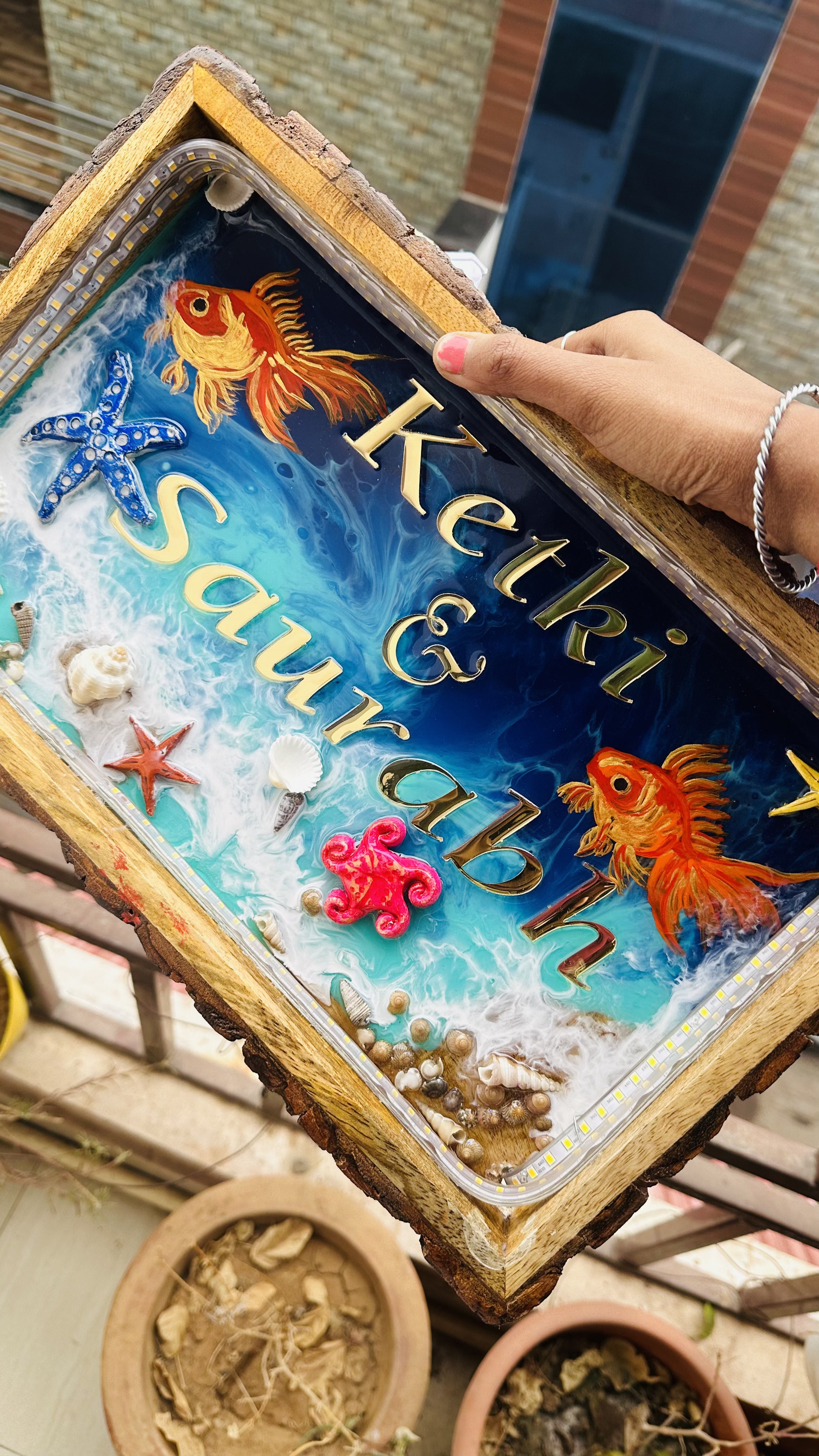 Golden Fish Themed Name Plate  Plate on Wooden Tray
