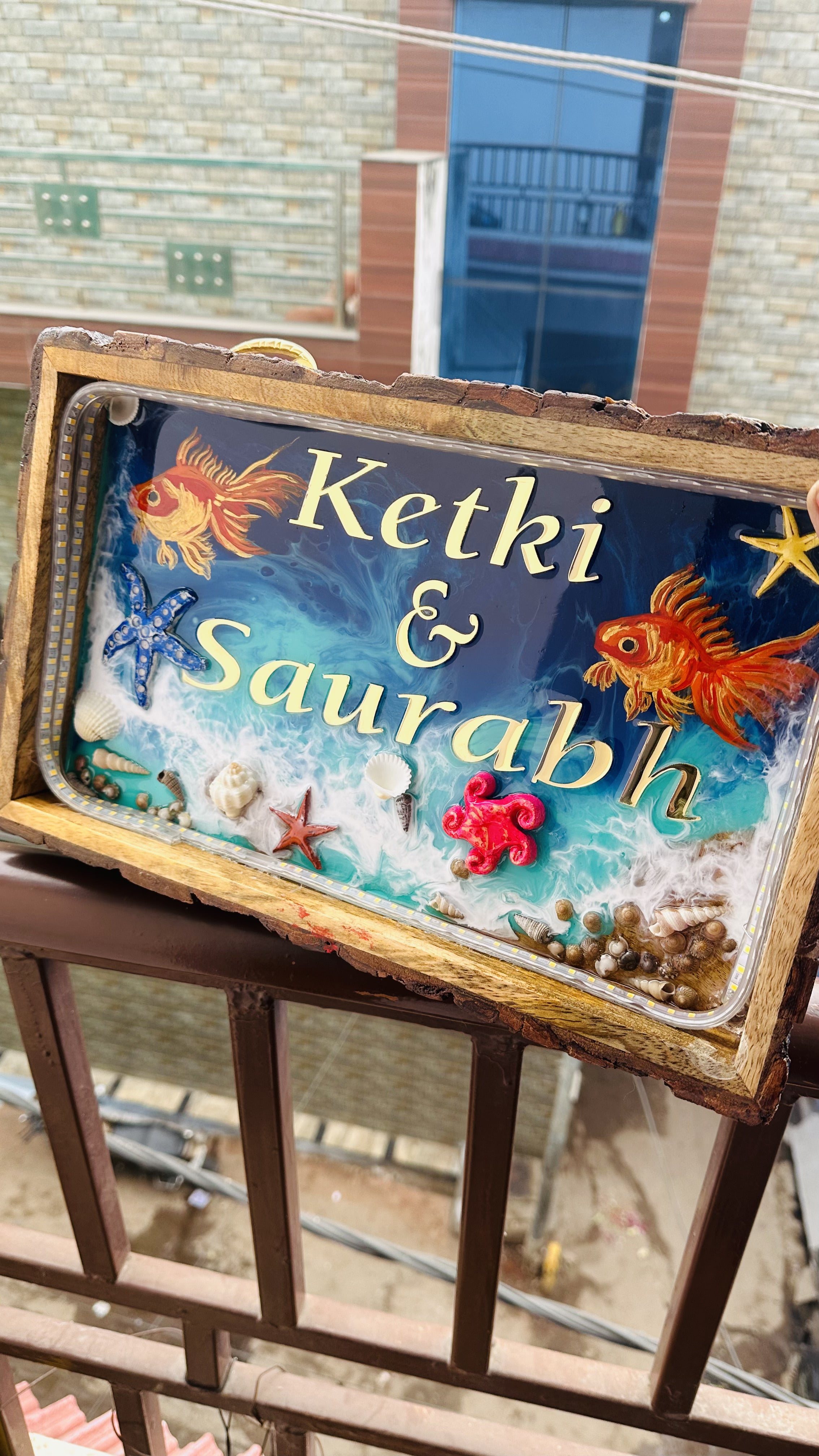 Golden Fish Themed Name Plate  Plate on Wooden Tray