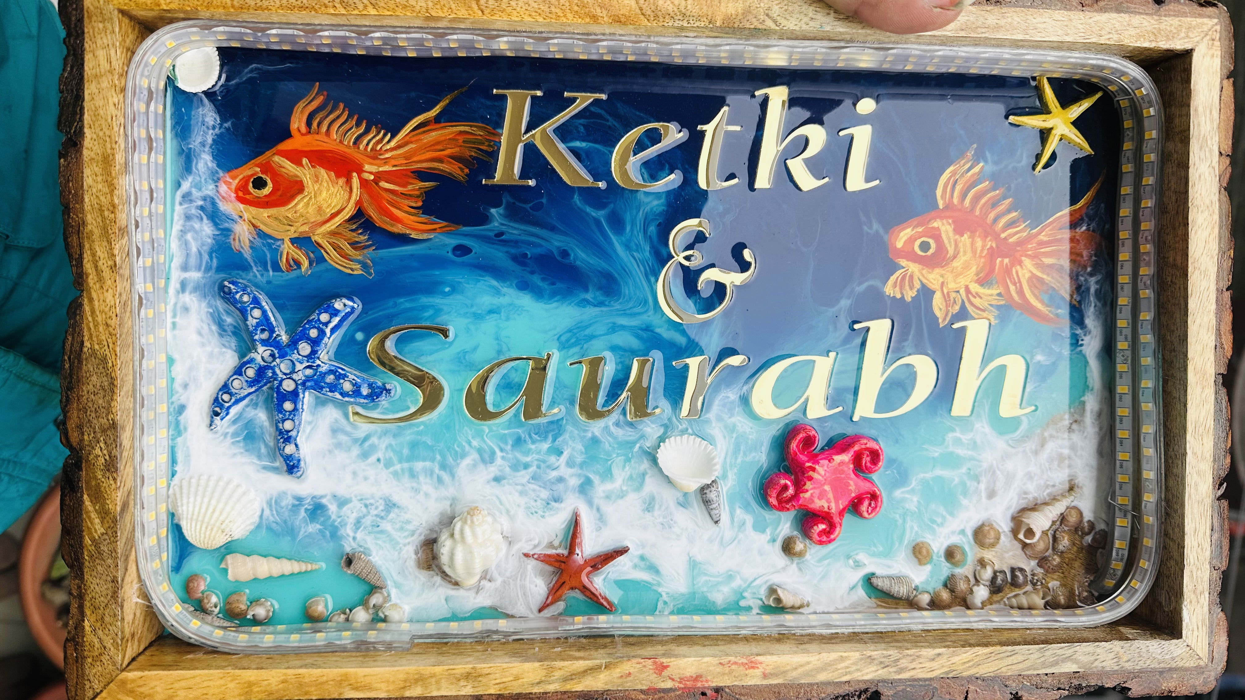 Golden Fish Themed Name Plate  Plate on Wooden Tray