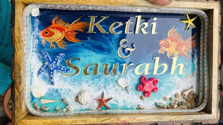 Golden Fish Themed Name Plate  Plate on Wooden Tray