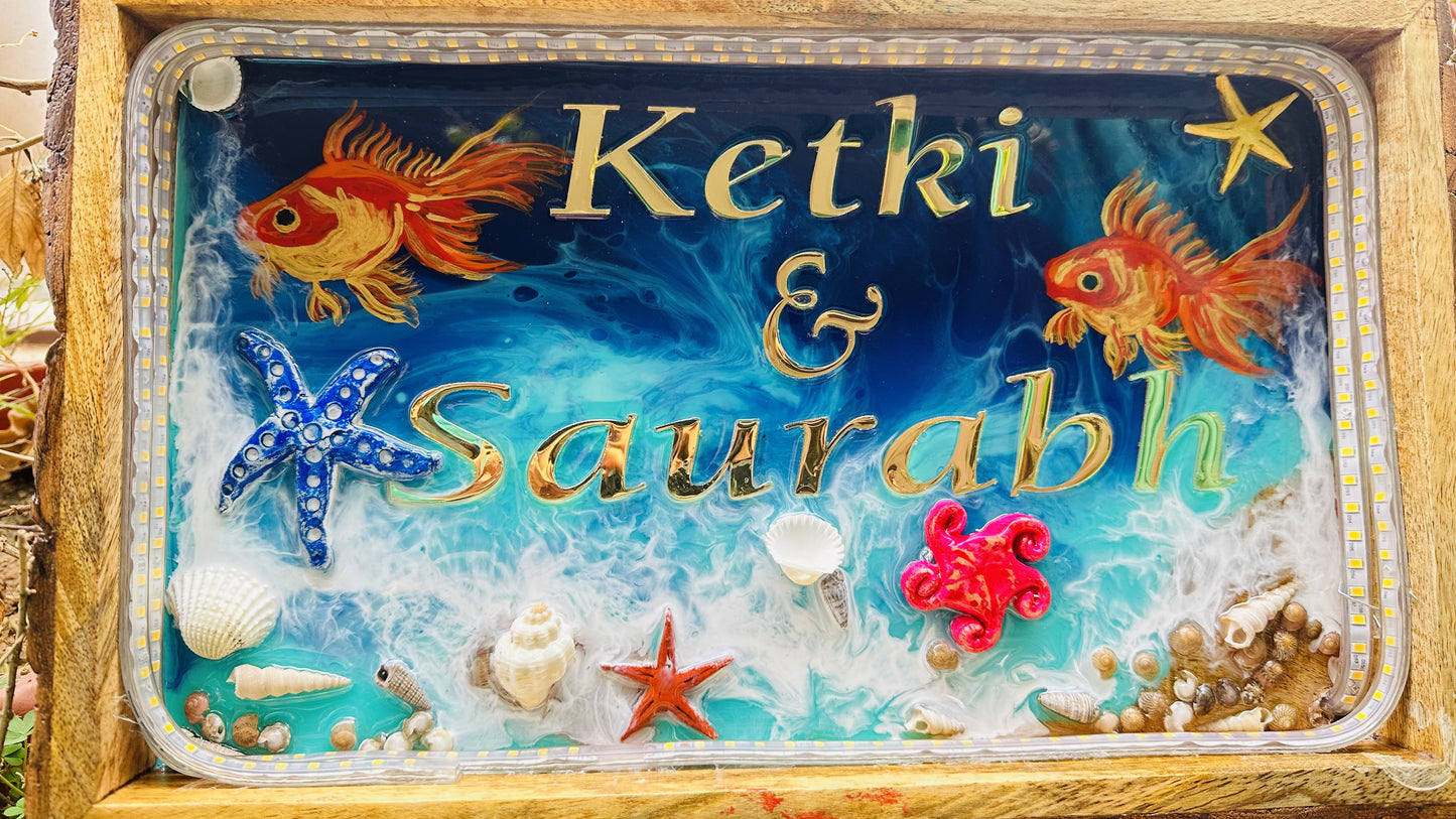 Golden Fish Themed Name Plate  Plate on Wooden Tray