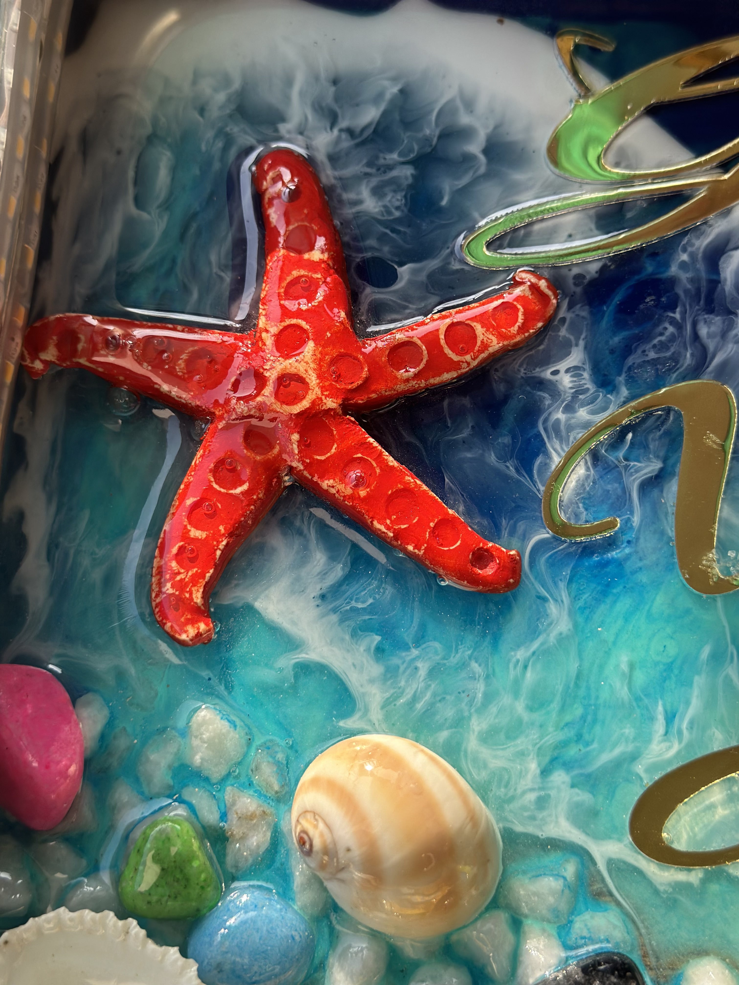 Custom Resin Name Plates | Ocean Themed House Name Plates on Wooden Tray