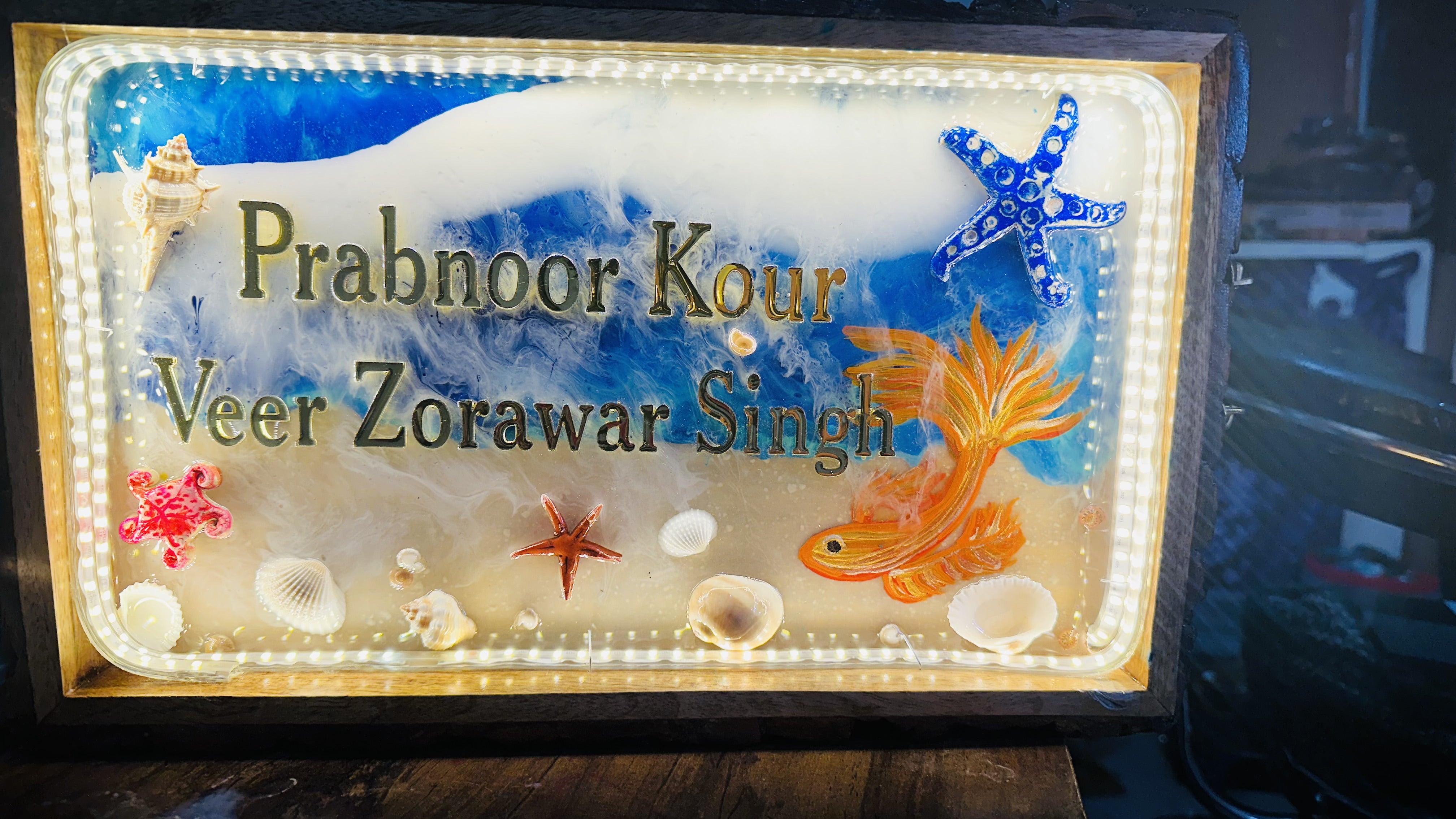 Custom Resin Name Plates | Ocean Themed House Name Plates on Wooden Tray