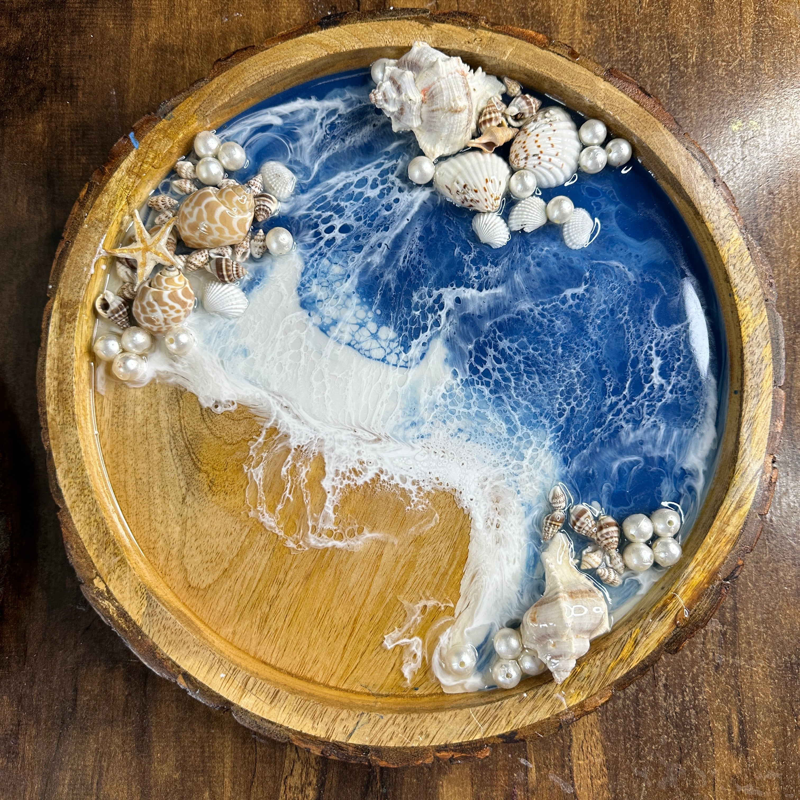 12 inch ocean tray with white pearls and sea shells