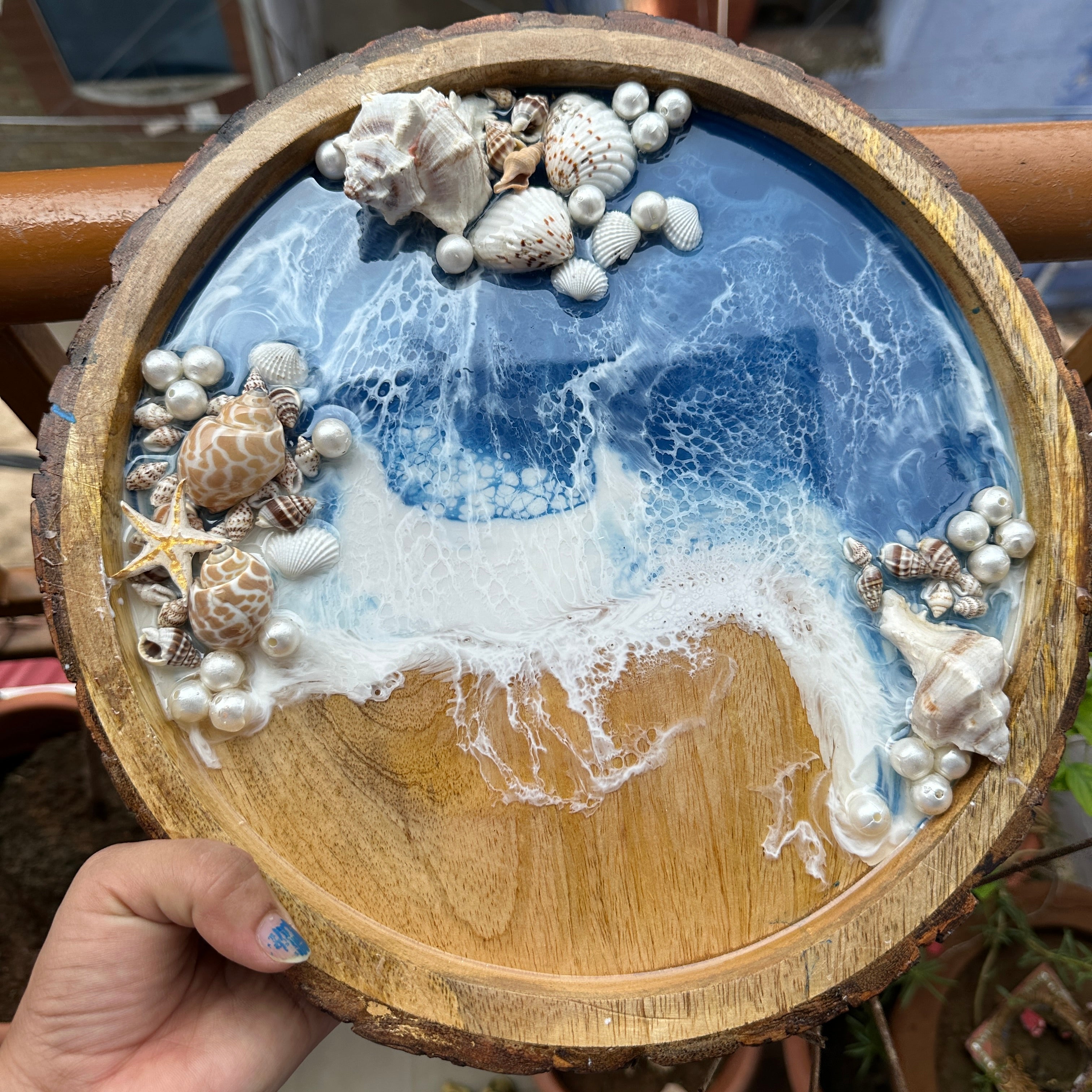 12 inch ocean tray with white pearls and sea shells