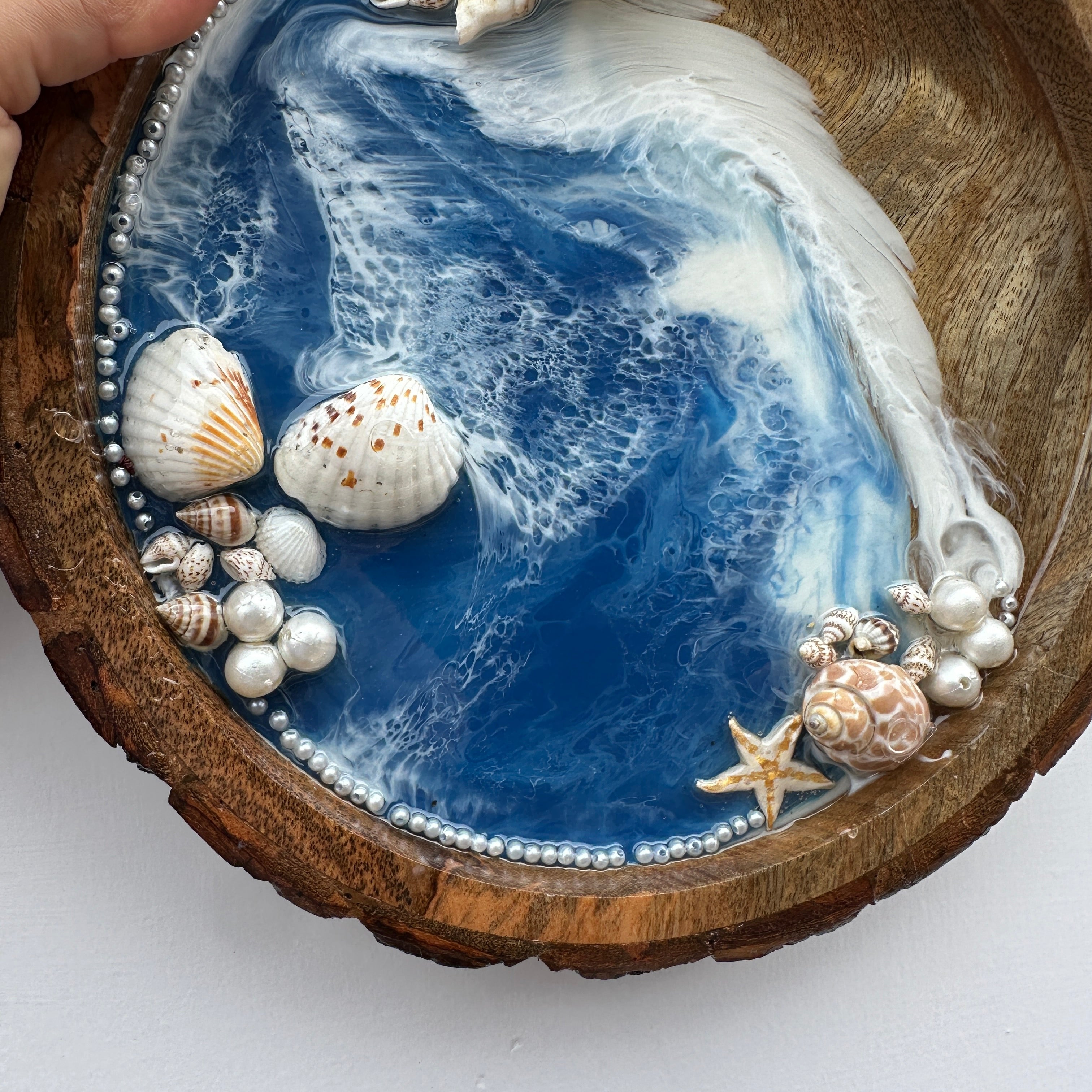 12 inch ocean tray with white pearls and sea shells