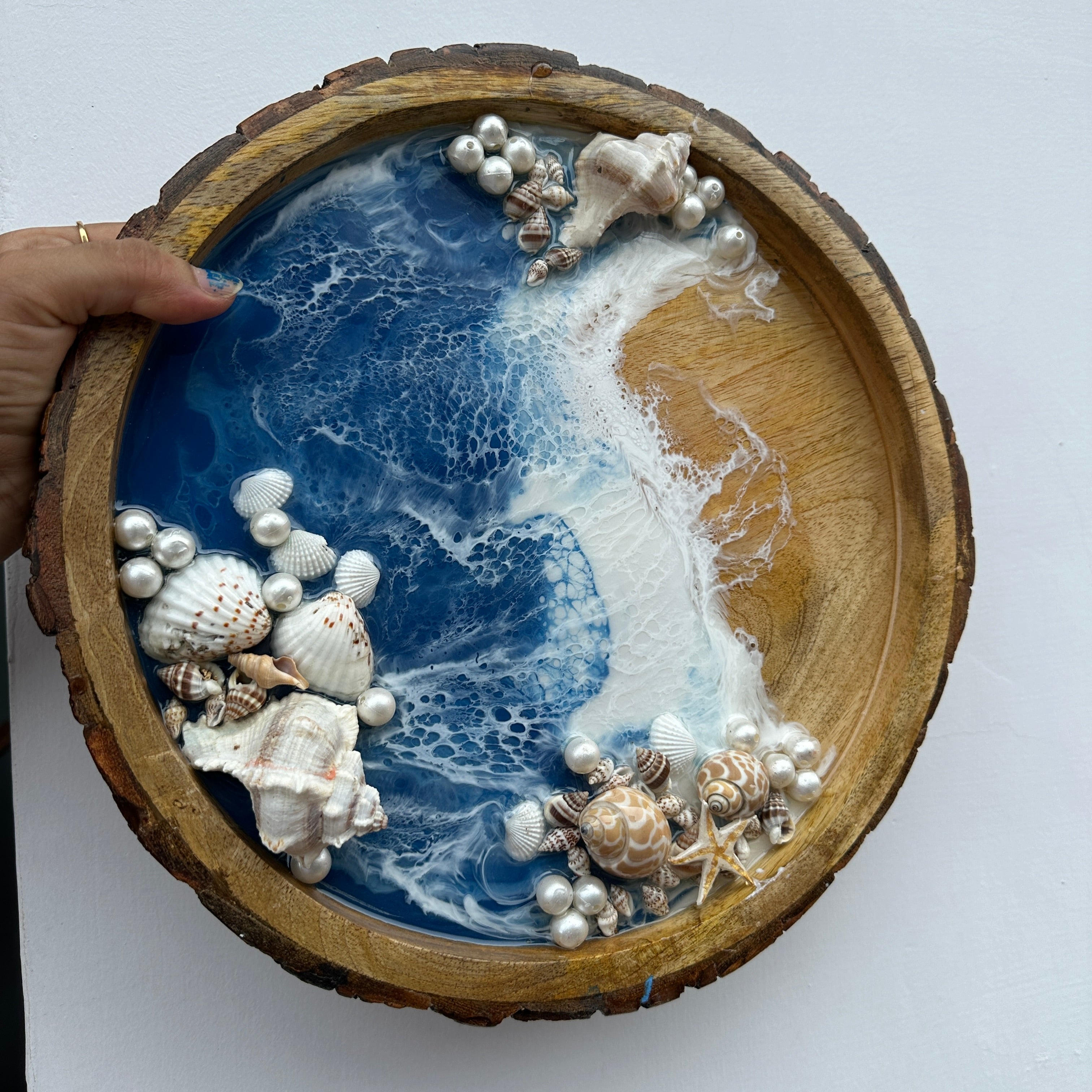 12 inch ocean tray with white pearls and sea shells