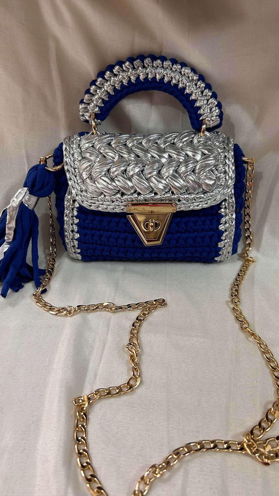 Royal Blue and Silver Crotchet Bag