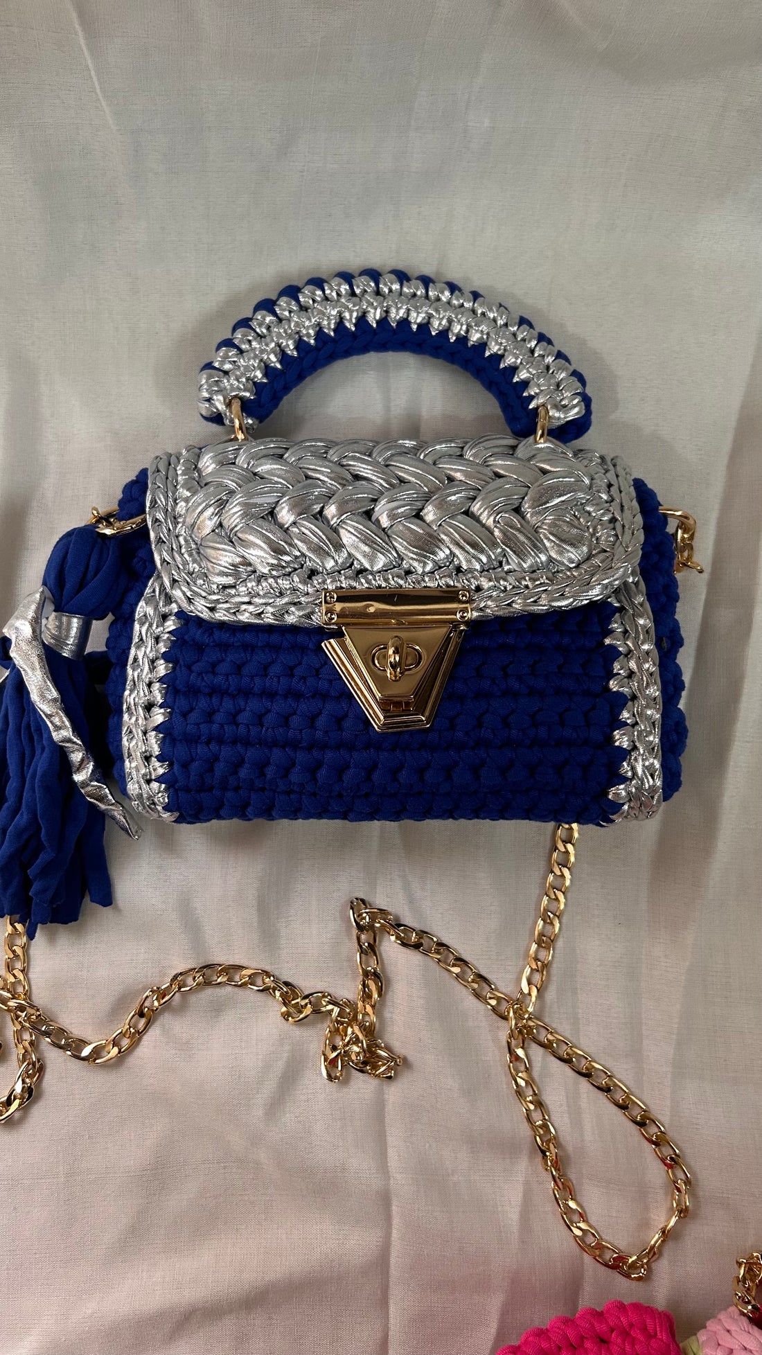 Royal Blue and Silver Crotchet Bag