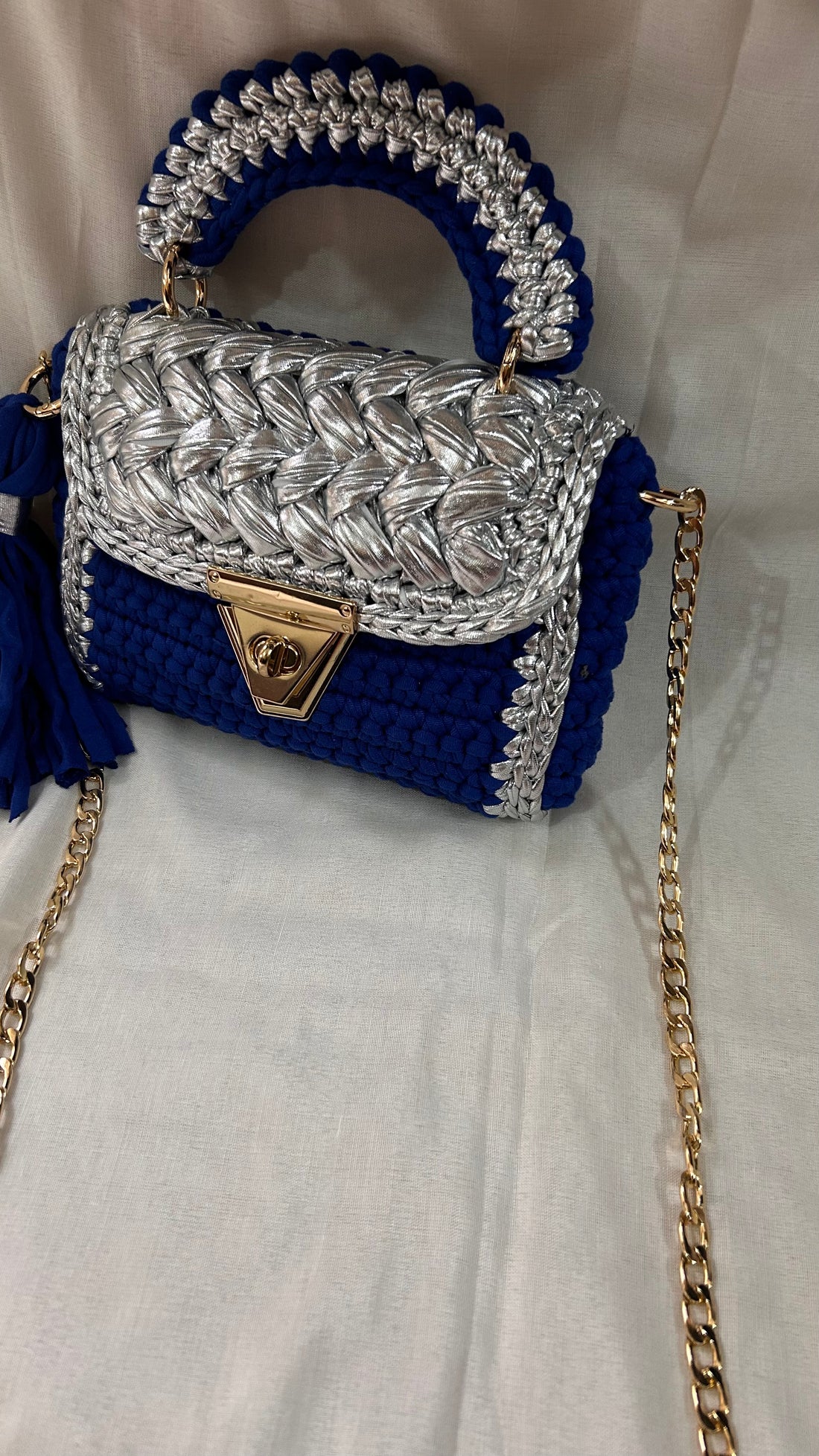 Royal Blue and Silver Crotchet Bag