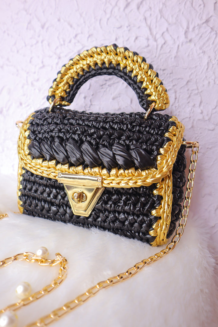 Metallic Black with Golden Accents Handcrafted Crochet Bag