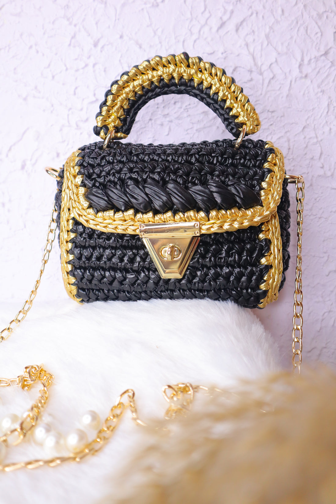 Metallic Black with Golden Accents Handcrafted Crochet Bag