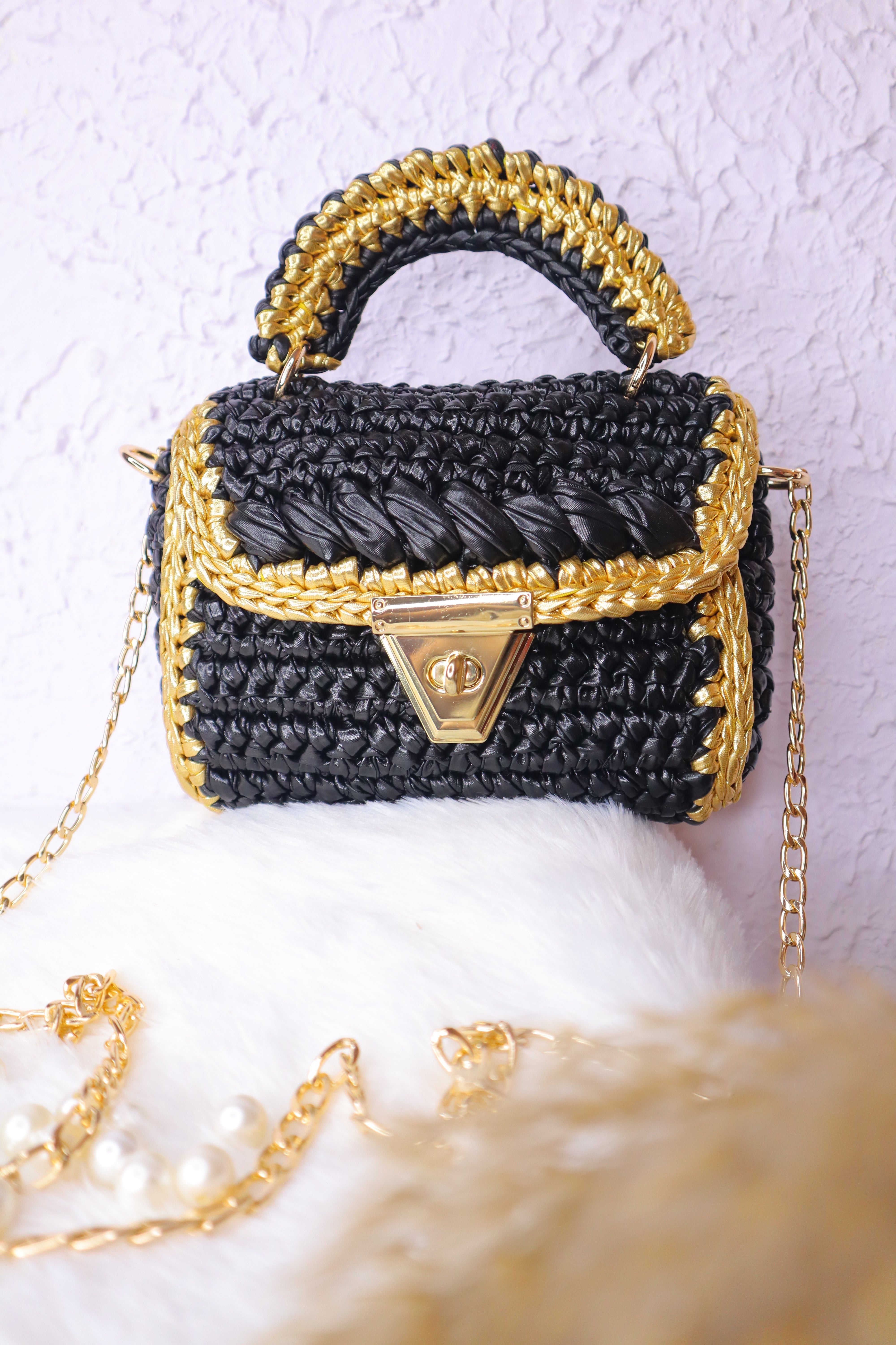 Metallic Black with Golden Accents Handcrafted Crochet Bag