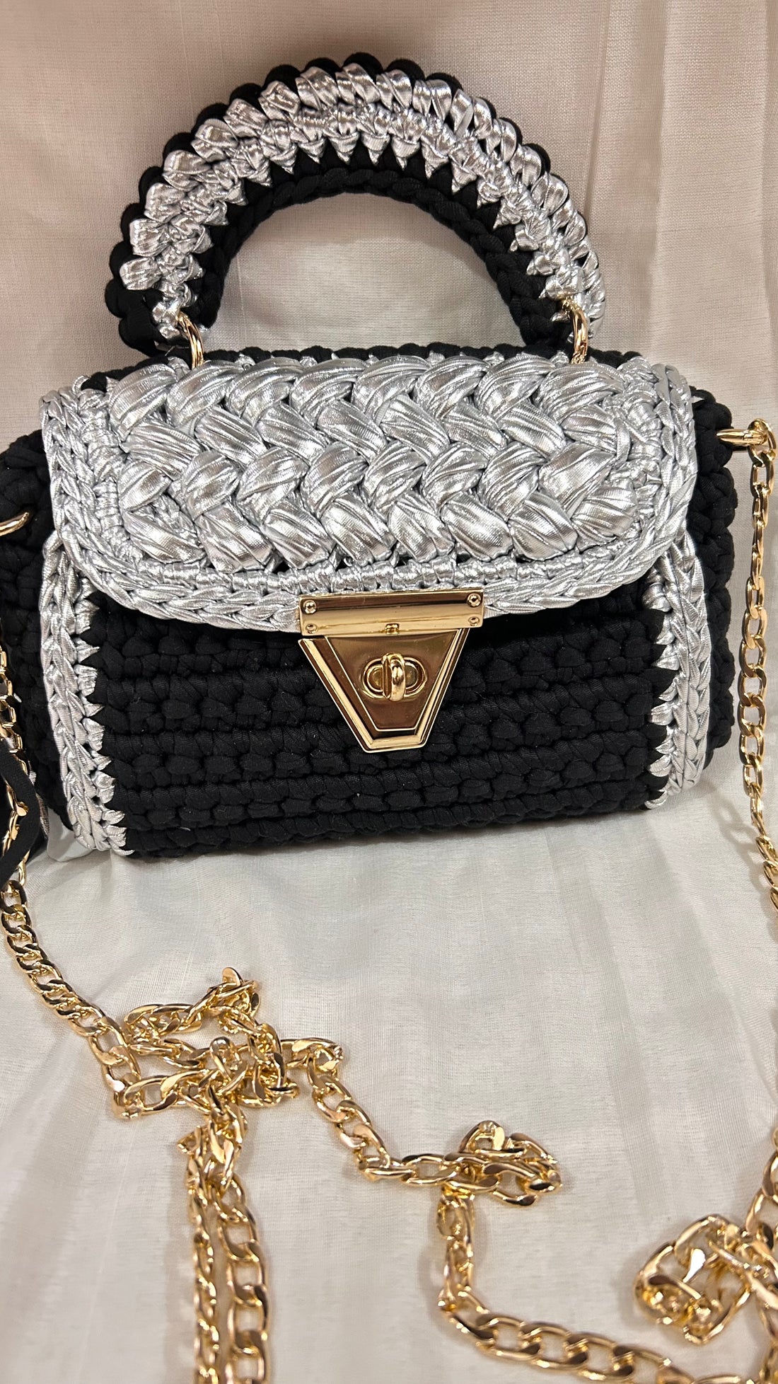 Luxurious Black and Silver Crochet Bag