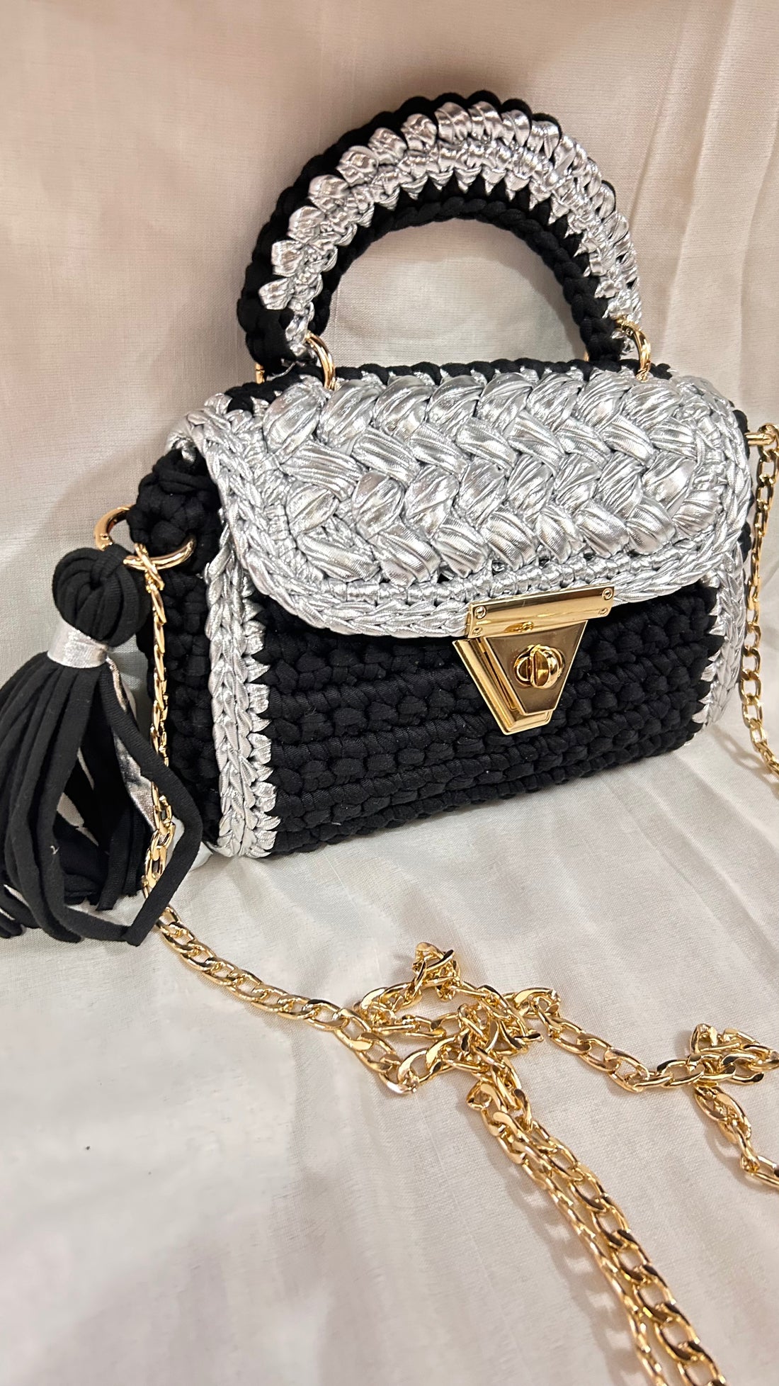 Luxurious Black and Silver Crochet Bag