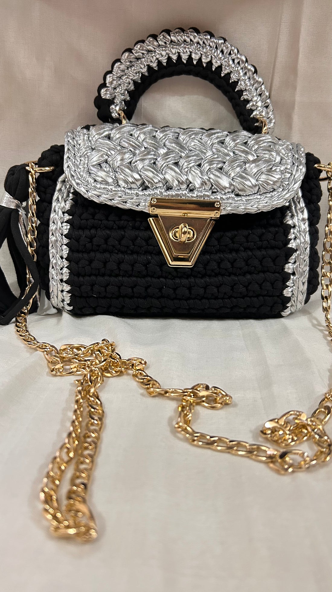 Luxurious Black and Silver Crochet Bag