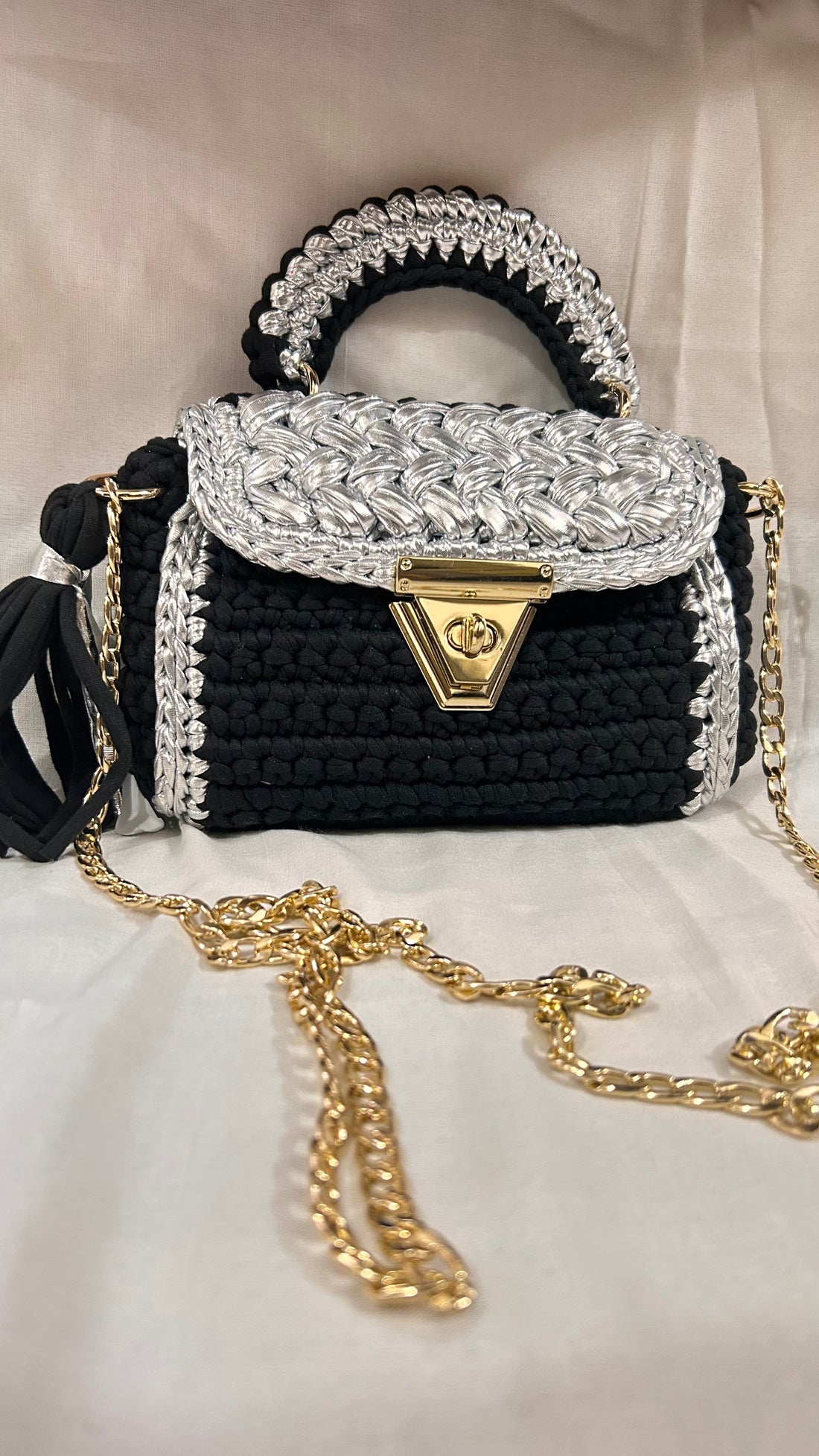 Luxurious Black and Silver Crochet Bag