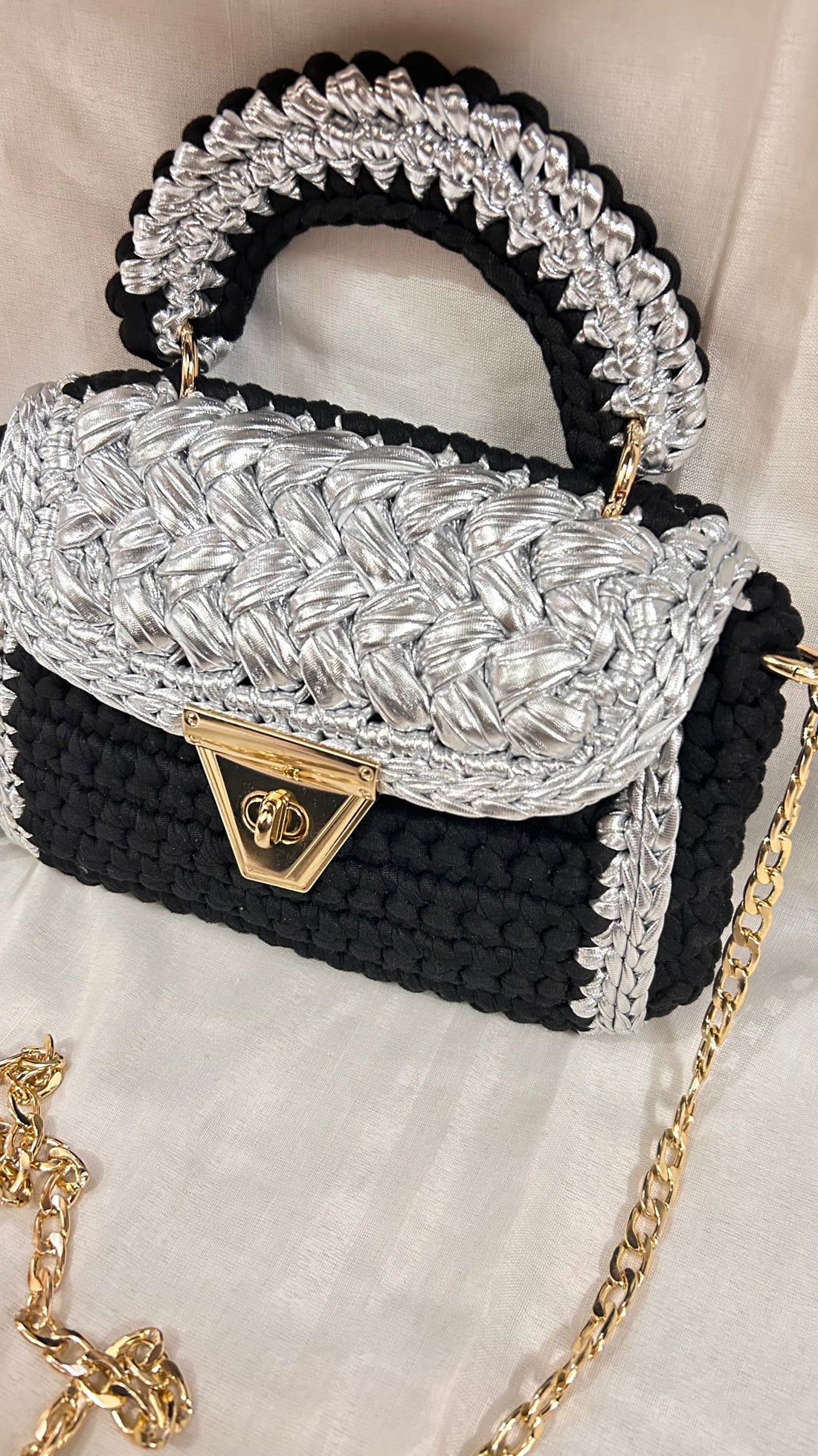 Luxurious Black and Silver Crochet Bag