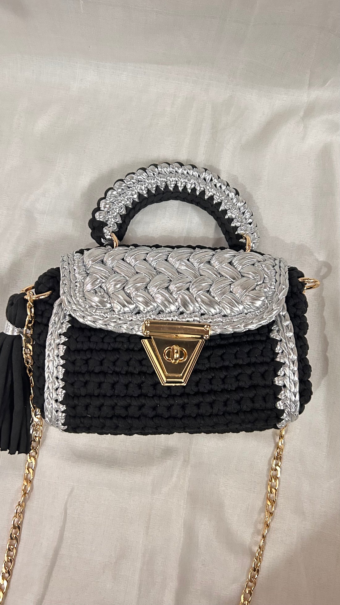 Luxurious Black and Silver Crochet Bag