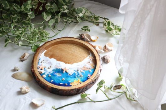 Epoxy Ocean Wooden Circular Tray with Sea shells and handmade star fishes | Golden Fish Tray | Beach Theme Resin Serving Tray