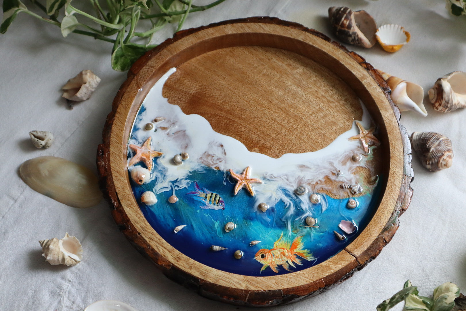 Epoxy Ocean Wooden Circular Tray with Sea shells and handmade star fishes | Golden Fish Tray | Beach Theme Resin Serving Tray
