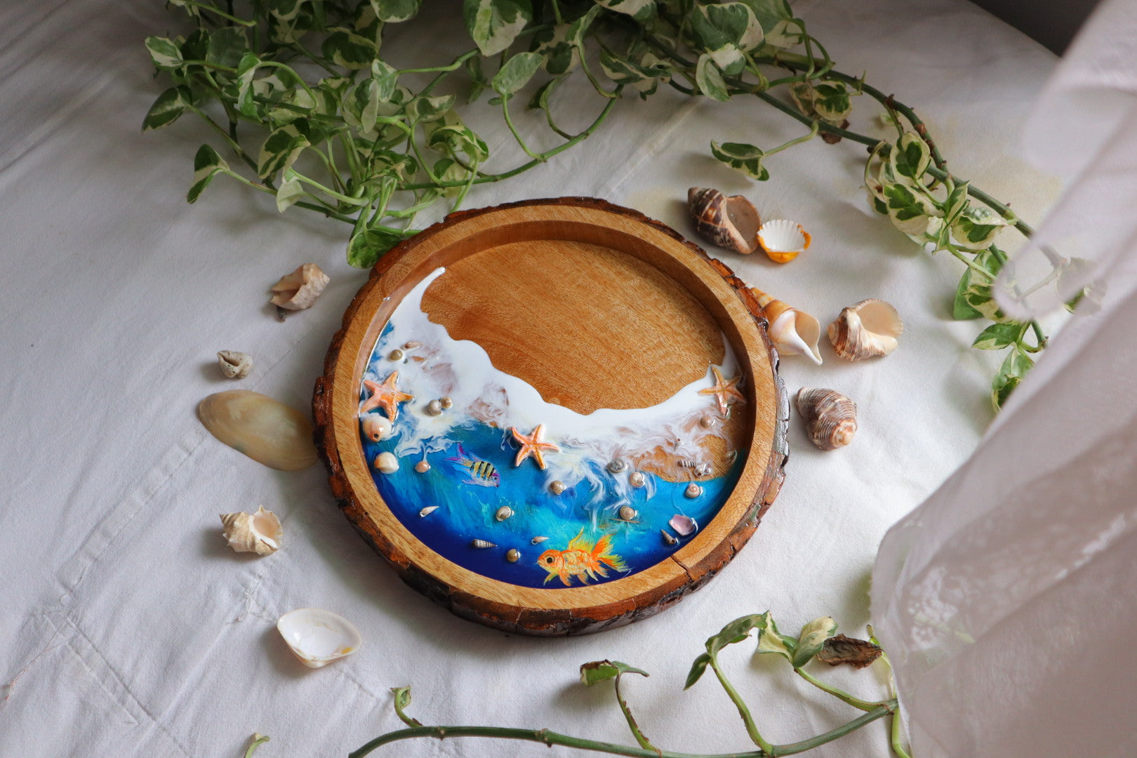 Epoxy Ocean Wooden Circular Tray with Sea shells and handmade star fishes | Golden Fish Tray | Beach Theme Resin Serving Tray