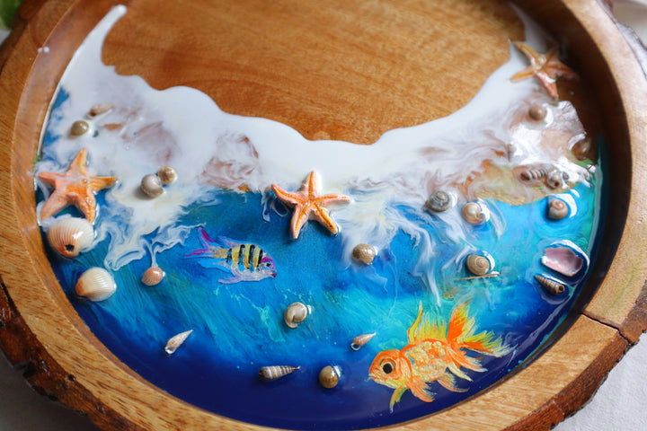 Epoxy Ocean Wooden Circular Tray with Sea shells and handmade star fishes | Golden Fish Tray | Beach Theme Resin Serving Tray