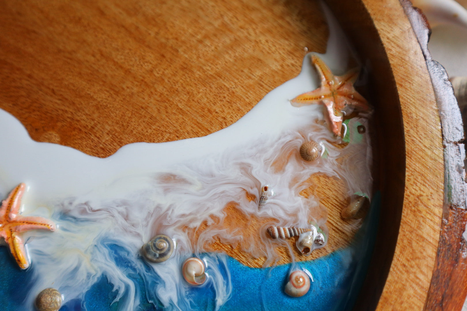 Epoxy Ocean Wooden Circular Tray with Sea shells and handmade star fishes | Golden Fish Tray | Beach Theme Resin Serving Tray