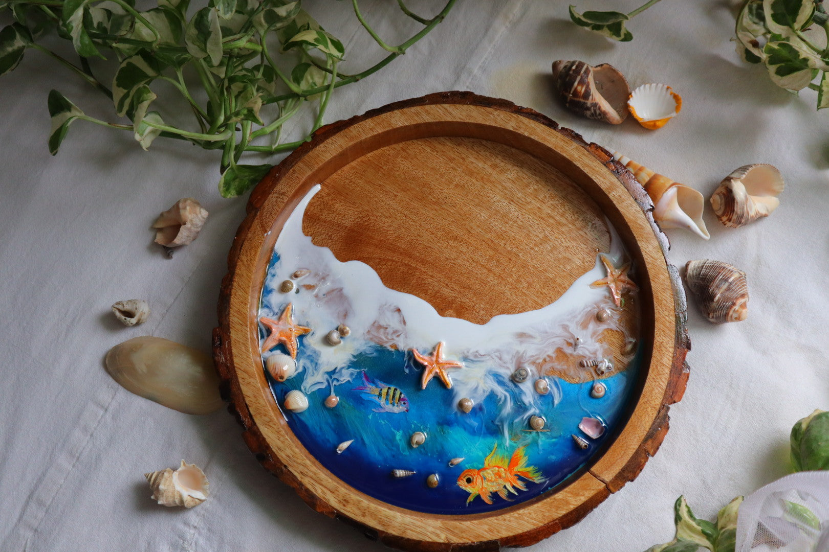 Epoxy Ocean Wooden Circular Tray with Sea shells and handmade star fishes | Golden Fish Tray | Beach Theme Resin Serving Tray