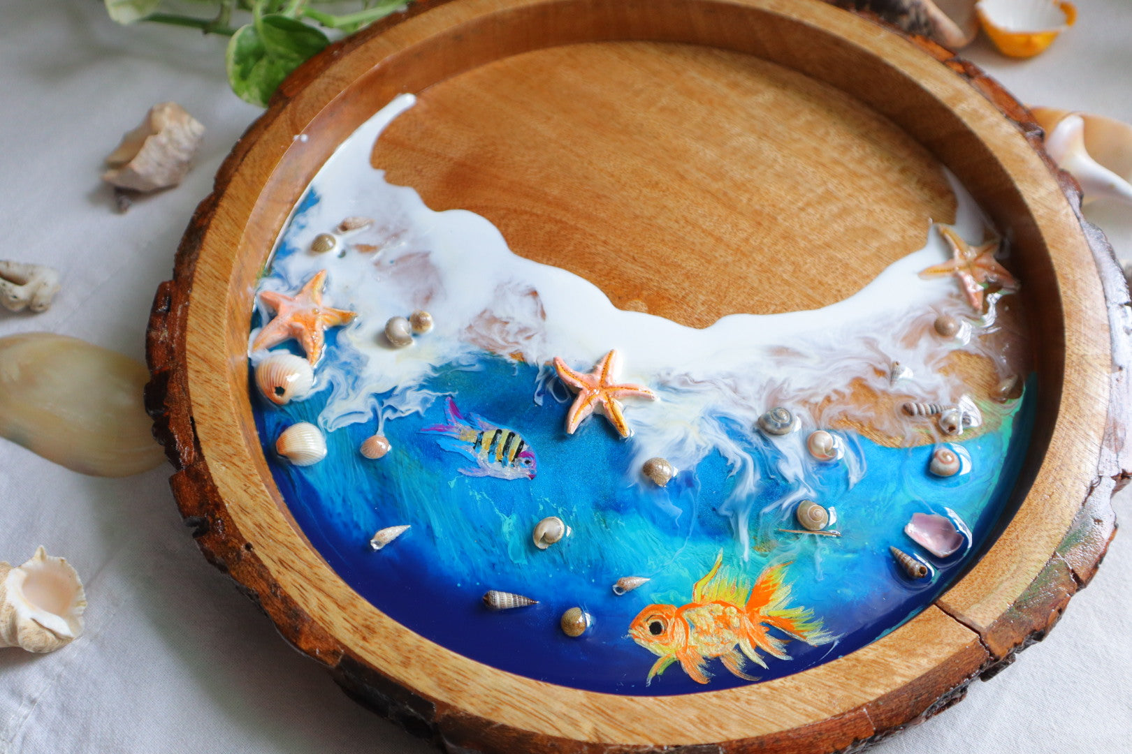 Epoxy Ocean Wooden Circular Tray with Sea shells and handmade star fishes | Golden Fish Tray | Beach Theme Resin Serving Tray