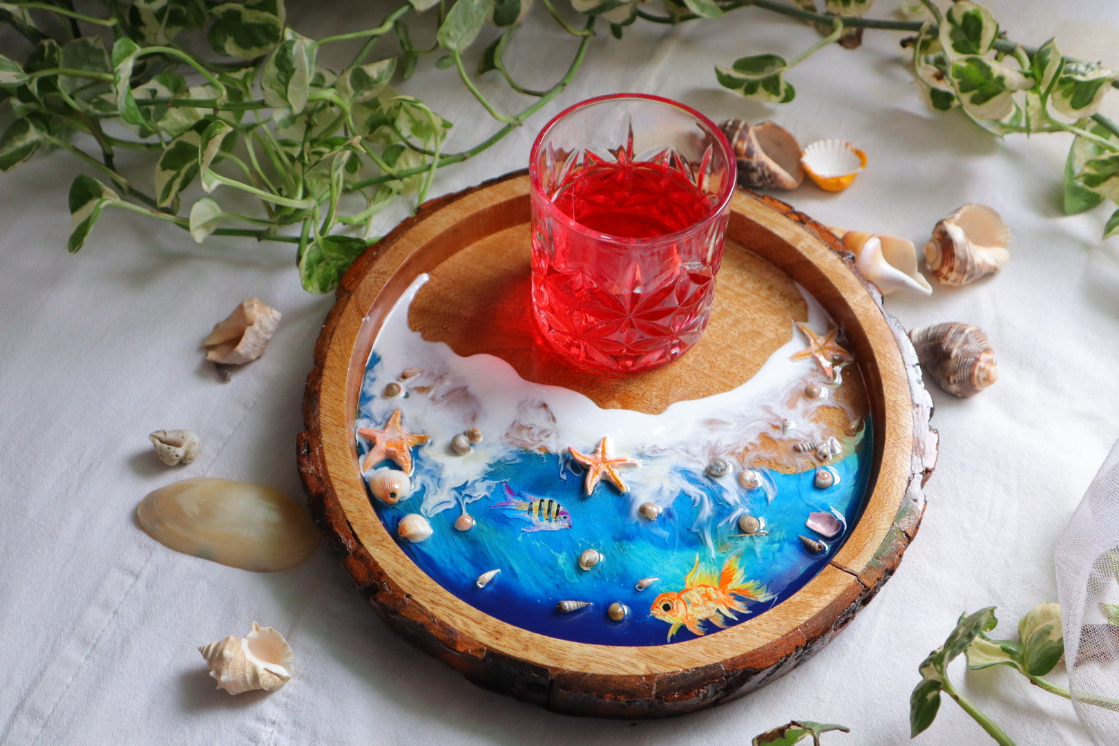 Epoxy Ocean Wooden Circular Tray with Sea shells and handmade star fishes | Golden Fish Tray | Beach Theme Resin Serving Tray