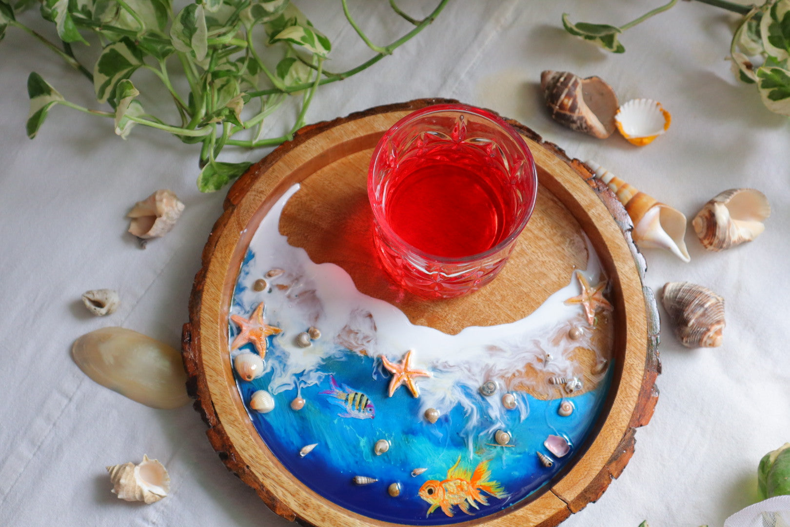 Epoxy Ocean Wooden Circular Tray with Sea shells and handmade star fishes | Golden Fish Tray | Beach Theme Resin Serving Tray