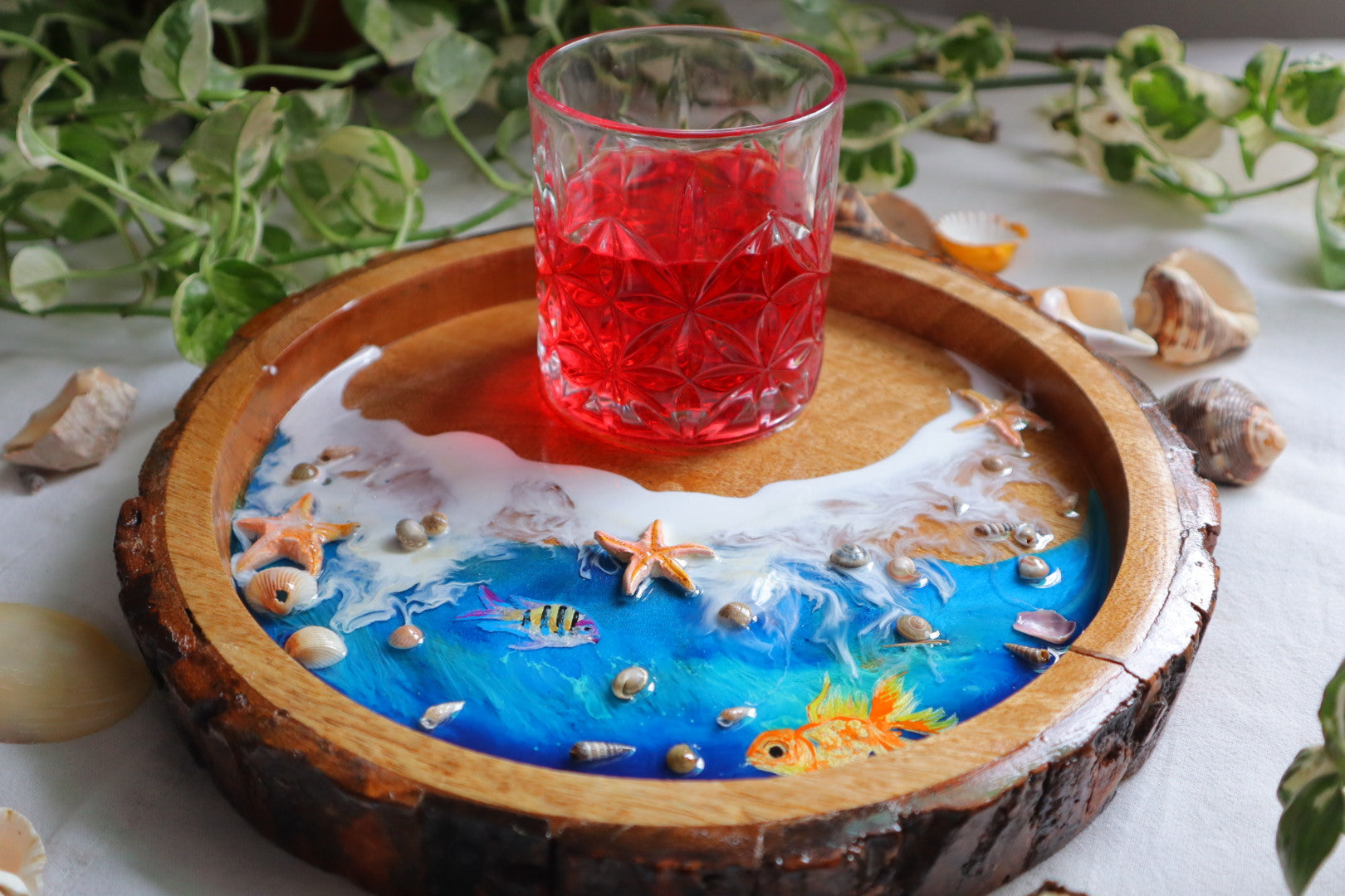 Epoxy Ocean Wooden Circular Tray with Sea shells and handmade star fishes | Golden Fish Tray | Beach Theme Resin Serving Tray