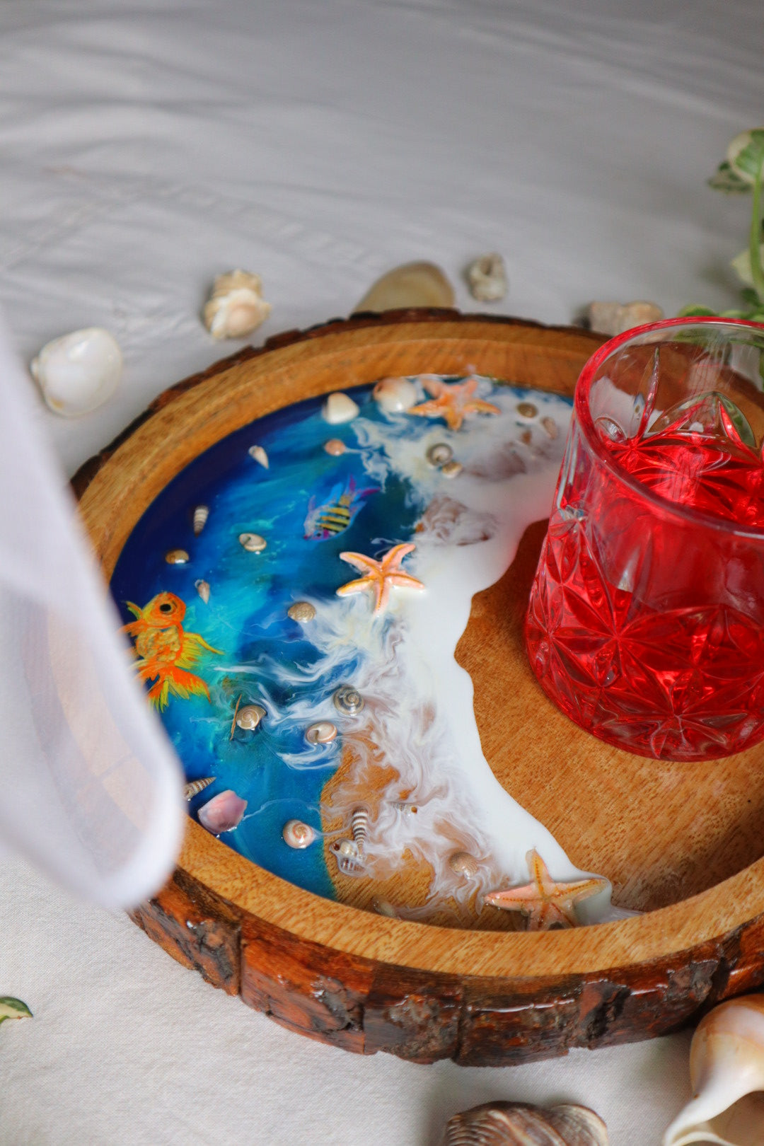 Epoxy Ocean Wooden Circular Tray with Sea shells and handmade star fishes | Golden Fish Tray | Beach Theme Resin Serving Tray