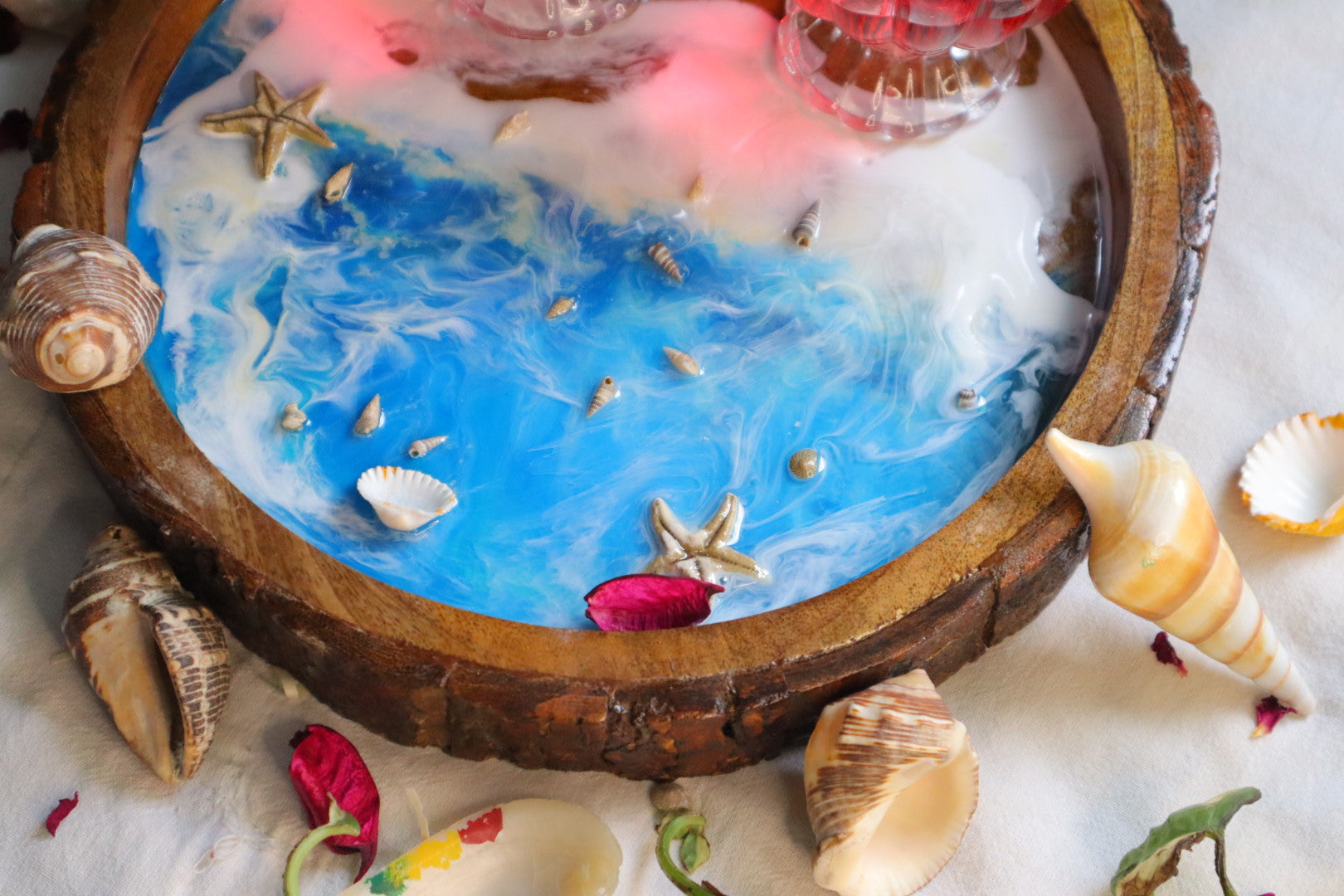 Epoxy Ocean Wooden Circular Tray  with handmade star fish | Epoxy Tray |  Beach Theme Resin Serving Tray