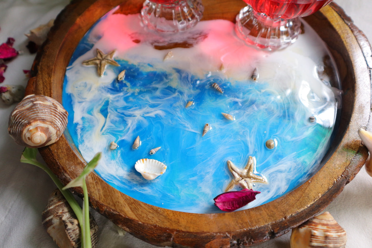 Epoxy Ocean Wooden Circular Tray  with handmade star fish | Epoxy Tray |  Beach Theme Resin Serving Tray