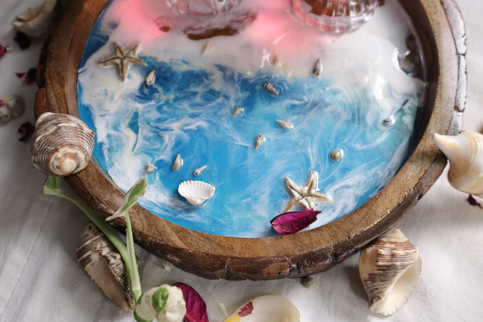 Epoxy Ocean Wooden Circular Tray  with handmade star fish | Epoxy Tray |  Beach Theme Resin Serving Tray