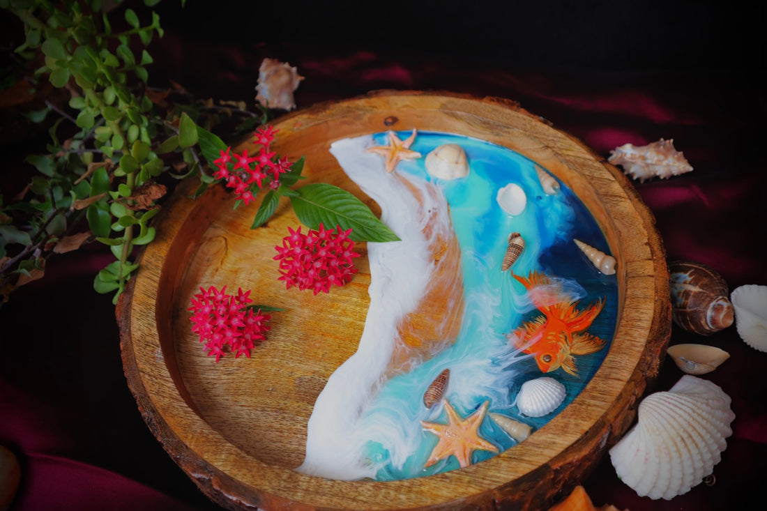 Epoxy Ocean Wooden Circular Tray | Golden Fish Tray | Beach Theme Resin Serving Tray