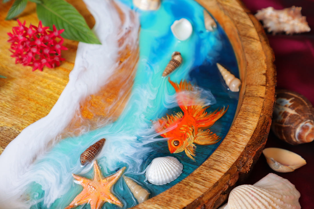 Epoxy Ocean Wooden Circular Tray | Golden Fish Tray | Beach Theme Resin Serving Tray