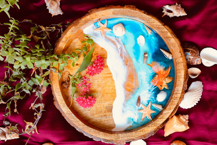 Epoxy Ocean Wooden Circular Tray | Golden Fish Tray | Beach Theme Resin Serving Tray