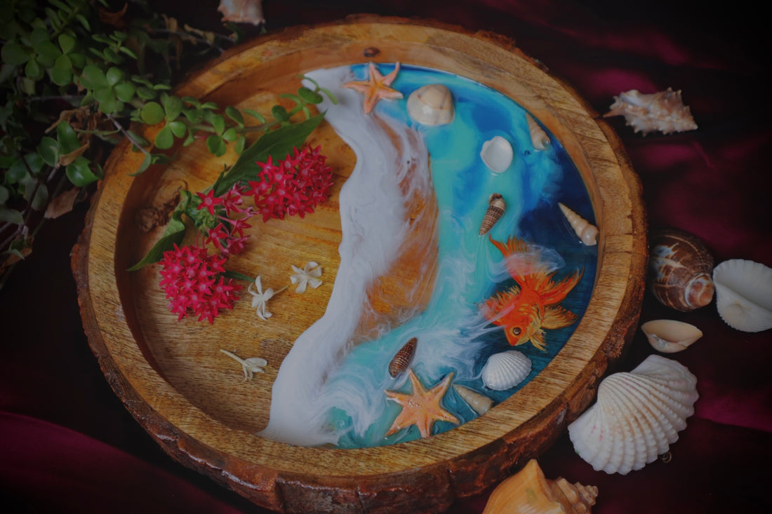 Epoxy Ocean Wooden Circular Tray | Golden Fish Tray | Beach Theme Resin Serving Tray