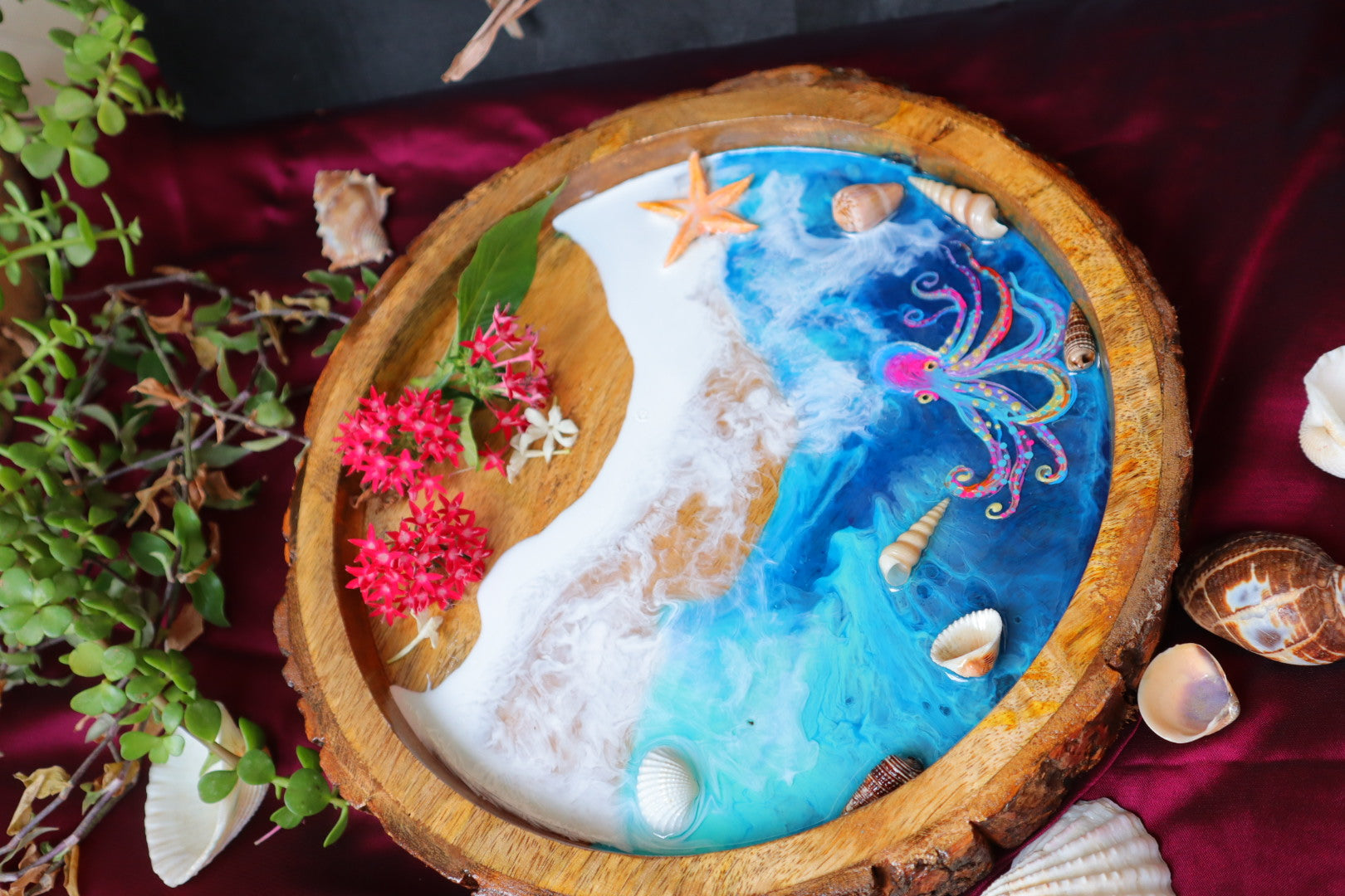 Epoxy Ocean Wooden Circular Tray | Octopus Epoxy Tray |  Beach Theme Resin Serving Tray