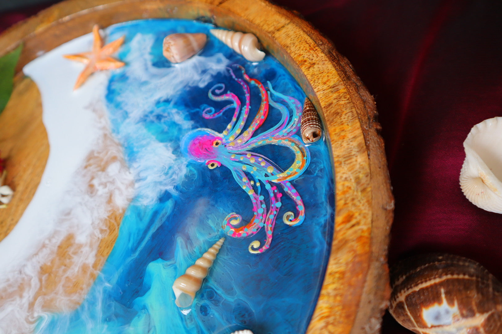 Epoxy Ocean Wooden Circular Tray | Octopus Epoxy Tray |  Beach Theme Resin Serving Tray